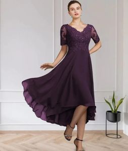 Uva alta baixa mãe da noiva vestido 2024 elegante decote em v chá comprimento chiffon rendas apliques de manga curta casamento convidado vestidos formais