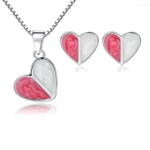 Collier Boucles d'oreilles Set Simple Heart Shape Valentines Gift Fine 925 Silver Needle Stud Pendant chaîne pour les femmes