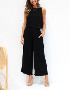 Womens Cotton Linen 2 Piece Outfits Crop Tank Topps Wide Ben Pants Set Casual Lounge Sets 2304108