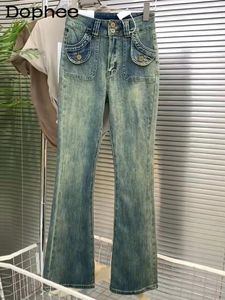 Jeans femininos meninas retro azul queimado para 2023 outono ferradura calças cintura alta elástica slim fit emagrecimento