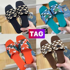 Bestickte Designer-Sandalen für Damen Stoff-Slides Flat Flats Pantoffeln mit niedrigem Absatz Strand Slide Leder Sommerschuhe Damen Pantoffel Damen Sandale Luxus Prad Schuhe