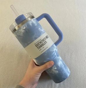 DHL Quencher 40oz Tumbler Tye Dye 가벼운 블루 핑크 표범 핸들 뚜껑 밀짚 맥주 머그 물병 가루 코팅 야외 캠핑 컵