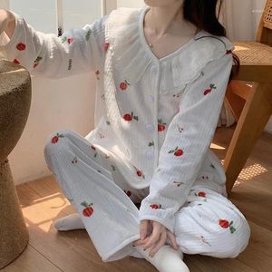 Women's Sleepwear Women White Sweet Printed Two-Pieces Long Casual Cardigan Design Full Sleeves Pajamas Winter Pants Velvet Pyjamas