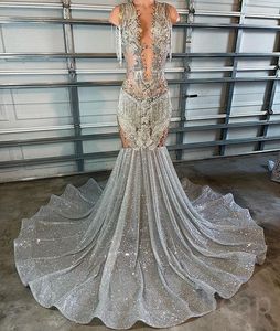 2023 April Aso Ebi Silver Mermaid Prom Dress Beaded Crystals Mermaid Evening Formal Party Second Reception Birthday Engagement Gowns Dresses Robe De Soiree ZJ376