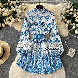 Basic Casual Dresses Women Embroidery Hollow Out Stitching Flower Dress Runway Stand Puff Sleeve Single Breasted Floral Print Belt Mini Vestidos 2024 67