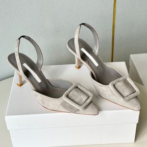 Spänne mocka trim linne kattunge häl slingbacks klänning stilett sandaler kvinnor designers äkta läder yttersula kväll festskor fabrik