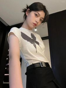 Kvinnors T -skjortor Butterfly Print Short Sleeve Shirt Vintage Y2K Eesthetic Crop Top Tie Woman Bluses Summer Korean Style