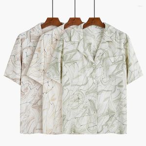 Kvinnor BLOUSES VSUE Women Shirt Short Sleeve Summer Notch Collar Print White Khaki Green Beach B0618