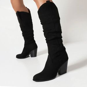 Boots Chunky Heel Western Boots Pleated Cowboy High Boots Pointy Retro Female Botas Mujer Slip On Ladies Casual Autumn Winter Shoes 231109