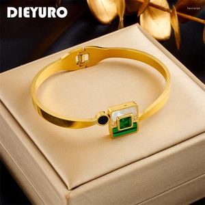 Bangle DIEYURO 316L Stainless Steel Geometric Splicing Green Stone Bangles Bracelets For Women Girl Trend Waterproof Jewelry Gift