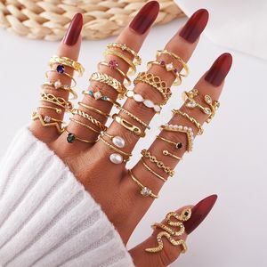 Boho Gold Color Rings Set For Women Vintage Geometric Pearl Snake Finger Rings Female Trendy Jewelry Accessories Gift