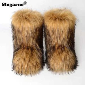 lady Fluffy Faux Fur Boots Women Raccoon Fur Snow Boots Luxury Plush Warm Shoes Girls Furry Fox Fur Bottes Platform Winter Shoes