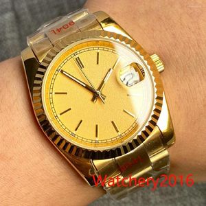 Wristwatches 36mm Luminous Hands Yellow Dial Gold Case Coins Bezel 24 Jewels Japan NH35 Automatic Mens Watch Bracelet Slide