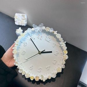 Wall Clocks Baroque Rose Camellia Decoration White Clock Cream Glue DIY Living Room Bedroom Silent