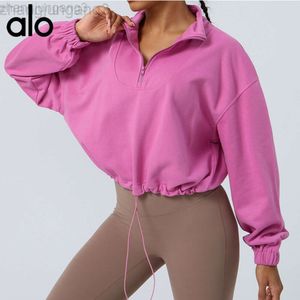 Desginer Aloo Yoga Toppar Löst passande långärmad sporttröja Kvinnor som kör och cyklar Training Dragkippor Top Drawstring Suit