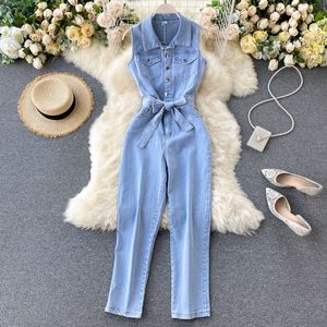 Hong Kong Style Kadın Tulum Koreli Versiyon Retro Bravatalı Dantel Yukarı Bel Yukarı Zayıflama Düz Bacak Geniş Bacak Denim Tulum