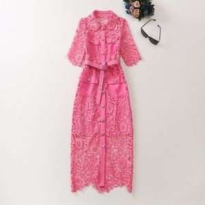 2023 Summer Pink Floral Lace Belted Dress 1/2 Half Sleeve Lapel Neck Double Pockets Rhinestone Buttons Midi Casual Dresses A3A101500 Plus Size XXL