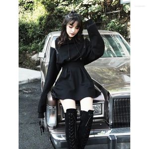 Casual Dresses Short Black Mini Hooded Dress 2023 Autumn Style Wrap Hoodie Långärmad kvinnor harajuku Streetwear Gothic