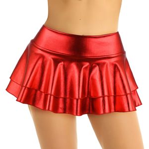 Skirts Fashion Shiny Metallic Clubwear Low Rise Double Layered Ruffled Mini Skirt for Dance Raves Festivals Costumes 2304102