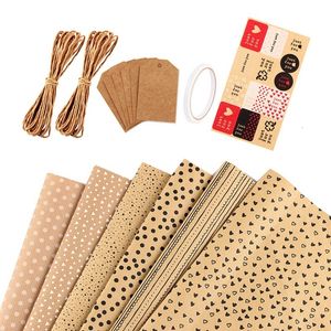 Förpackningspapper Kraft Presentomslag Papper Birthday Wrapping Paper 6 Sheets Kraft Brown Wrapping Paper med taggar Jute Strings and Sticker 230410