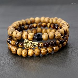 Charm Bracelets 3 Pcs/Pack Wood Beads Black Skull Dragon Head Tiger Eye Natural Stone Bracelet Pack For Men Jewelry