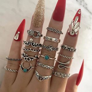 Кластерные кольца 17 шт./Набор винтажный серебряный цвет змея Луна набор модных геометрических кулаков для женских вечеринок свадебные украшения подарки