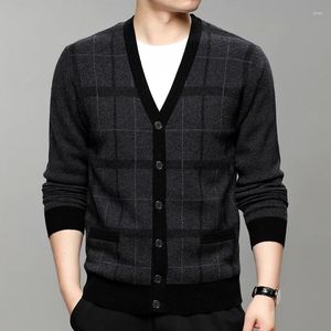 Maglioni da uomo Cardigan in pura lana di lusso leggero con scollo a V monopetto Autunno Inverno Check Cappotto maglione casual glutinoso morbido e spesso