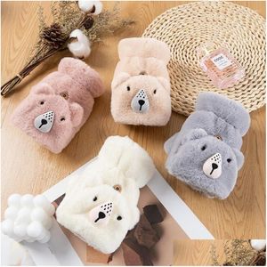 Five Fingers Gloves Five Fingers Gloves Cute Dog Cartoon Fur Mittens Winter Women Girl Animal Ear Plush Wrist Half Fingerless Thicken Dh7Ij