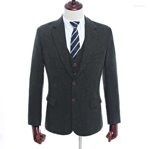 Men's Suits Retro Gentleman Style Dark Green Highland Weave Tweed Wool Slim Fit Mens 3 Piece Tailor Wedding
