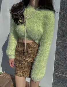 Kvinnors tröjor chic faux mink hår tröja vårens höst långärmad gröda pullover jumpers lady päls hårig stickad topp 231110