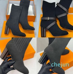 女性ソックブーツデザイナーシルエットアンクルブーツブラックマーティンブーツストレッチハイヒール半冬の太い文字靴