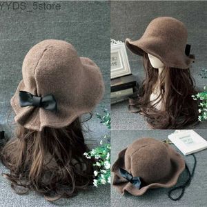 Wide Brim Hats Bucket Hats Vintage Wool Bucket Hats Ladies Bowler Hat Fashion Bows Basin Hat Fisherman Hat Woman Winter Black Coffee Dark Camel Hat YQ231110