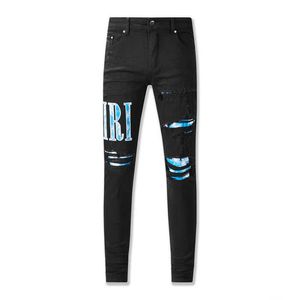 Herbst/Winter New American High Street Black Perforated Blue Camo Patch Jeans