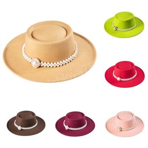 Chapéu de fedora de pérolas femininas parecia uma cartola vintage ampla com o cinto de pérolas largo Bim Panamá Cap