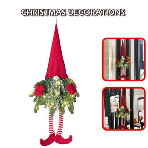Decorative Flowers Wreaths 1pc Faceless Long Legged Dwarf Doll Wreath Christmas Tree Ornament With 1m 10LED String Lights Door Wall Fireplace Decoration 231109