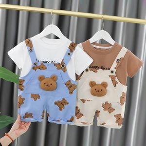 新しい夏のベビー服スーツ子供の女の子の男の子カジュアルベアTシャツオーバーオール2PC/セット幼児アクティブコスチュームキッズスポーツウェア1〜4年