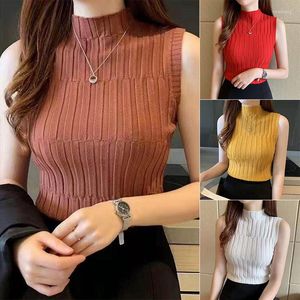 Frauen Tanks 2023 Hohe Qualität Sommer Herbst Frauen Mock Neck Top Rollkragen Ärmelloses T-Shirt Dünne Strickweste Weibliche T-Shirt Strickwaren