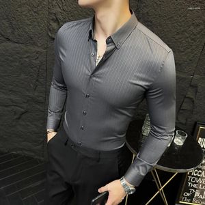 Camisas casuais masculinas plus size 4xl-m botão turn down colarinho manga comprida listrado para roupas masculinas negócios formal desgaste slim fit vestido de smoking