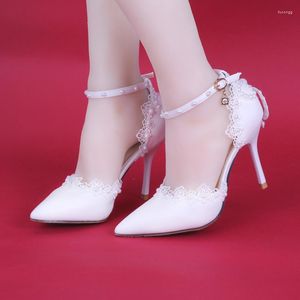 Dress Shoes 2023 Summer High Heel White Lace Pearl Bride Bridesmaid Sandal Pointed Toe Ankle Strap Stiletto Hollow Pumps