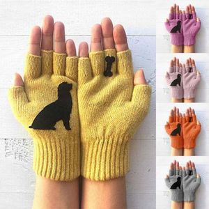 Five Fingers Gloves Womens Winter Knitted Fingerless Kawaii Cartoon Puppy Dog Bone Print Palm Bright Candy Color Half Finger Mittens