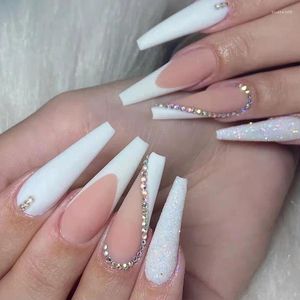 Накладные ногти 24 шт., блестящие белые длинные квадратные накладные французские розовые элегантные стразы для балерины, полное покрытие, накладные ногти