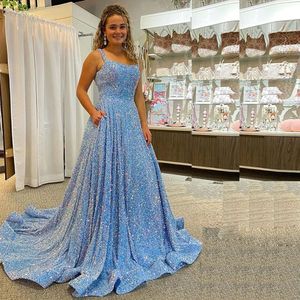 Spaghetti Strap A Line Sequin Prom Dresses with Pocket V Cut Back Sweep Train Teen Girls Birthday Gowns Plus Size Graduation Dress