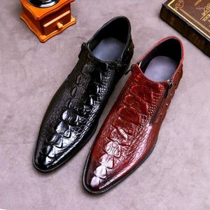 Stövlar 2023 Vinter Short Men'scrocodile Grain Leather High-Top Shoes dragkedja varm kohide rund tå oxfords