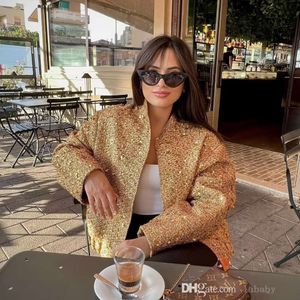 Elegant Shiny Sequin Designer Jacket Women Casual Loose Round Neck Long Sleeved Short Coat 2023 Winter Fashion Party Female Outerwear Luxury Jackets