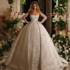 Anmutiges Hochzeitskleid mit quadratischem Kragen, ärmellose Spitze, Brautkleider mit Pailletten, Sweep-Zug Robe de Mariee