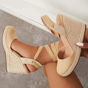 Sapatos de vestido tecido trançado plataforma espadrille cunha tornozelo cruz fita lace up redondo dedo do pé lona tecido cunhado calcanhar