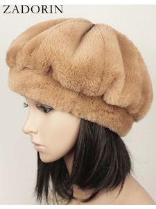 ベレー帽ザドリン高品質の冬の帽子ファッションエレガントな女性フェイクウサギファーハットベレー帽子濃いフェイクファーキャップアウター231109
