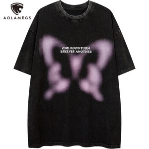 Men's TShirts Aolamegs Butterfly Inkjet Letter Print Washed Tshirt Men Short Sleeve Tops Retro High Street Baggy Oversized Tees Shirts Couple 230410