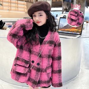 Coat Girls Blazers Autumn Winter Thick Warm Casual Rosy Plaid Jacket for Kids Wool Blends Fashion Teenage Children Coats 12 13 Years 231109