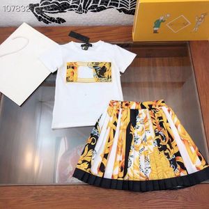 Kids girls summer 2 pcs pleated skirts sets fashion summer designer print floral sets girl vintage jumper tops with skirt childrens clothes